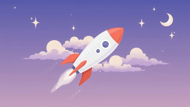 A cartoon rocket ship flying through the night sky with clouds with vector illustration space surrounded fluffy clouds rocket launching flat vector