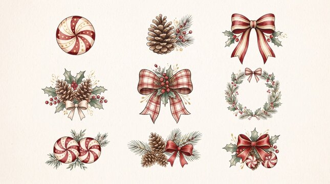 Cozy winter holiday design elements collection with watercolor pine cones candy and bows