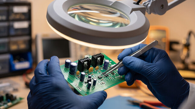 Technician focused electronic engineering circuit board repair maintenance professional magnifying lamp work concentrated precision tool