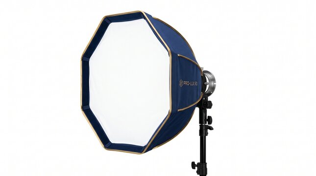 Studio photography lighting equipment, blue octabox softbox isolated on white background