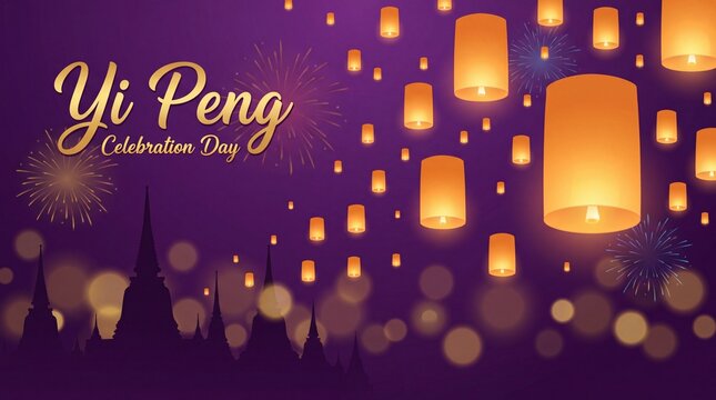 Floating lantern, Loy Krathong and Yi Peng lantern festival in Chiang Mai thailand, Thai calligraphy of "Yi Peng" banner design at firework righting night background, 