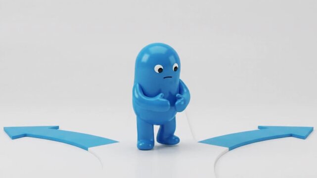 3D Blue Character at Crossroad Making Career Decision and Direction Choice