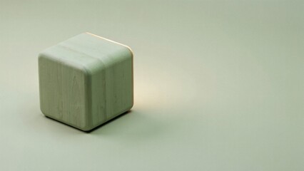 A single light green wooden cube resting on a plain matching green background surface area with surface subtle lighting sits smooth matching © IMAGINATION STUDIO
