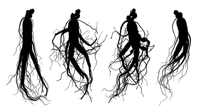Set of Black Ginseng Root Silhouettes with Fine Fibers on White Background