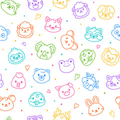 Obraz premium Animal face seamless pattern set featuring cat fox tiger sheep dog bear heart raccoon mouse koala sloth snake lion chicken