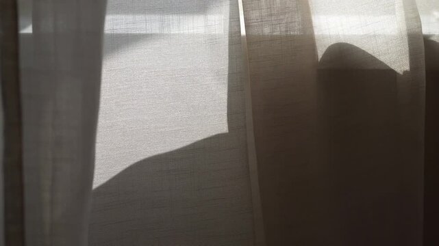 Soft natural breeze blows sheer linen curtains, fabric sways gently. Warm sunlight filters through translucent gauze, creating flowing shadow shapes on the textile, peaceful indoor window scene.