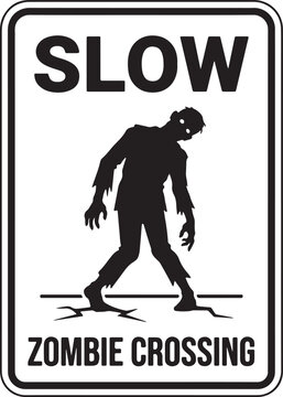 Slow Zombie Crossing Road Sign Halloween Warning Sign Humor Silhouette Vector Isolated on Transparent Background
