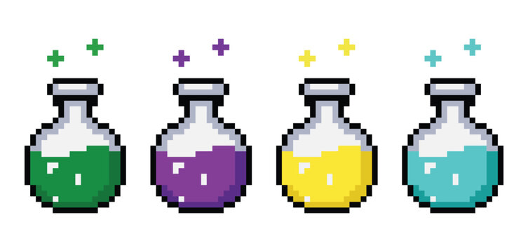 Pixel Art Potion Bottles: A set of four distinct pixel art potion bottles, each filled with a different vibrant liquid and emitting a scattering of colorful sparkles, suggesting magic and alchemy.