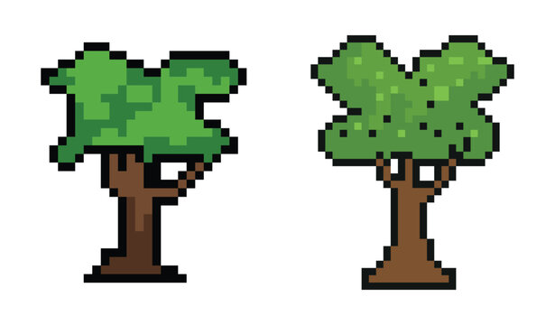 Pixel Art Trees: Two stylized pixel art trees with brown trunks and green, leafy canopies, presented as a graphic resource.