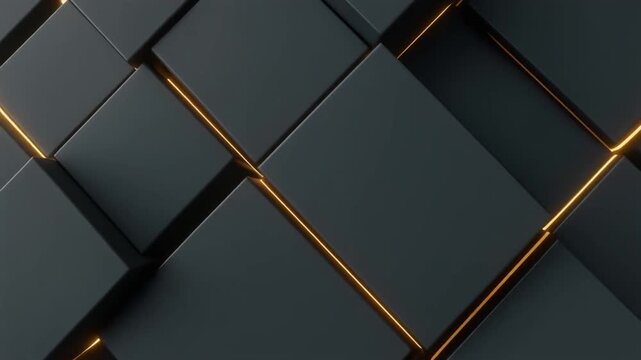 Abstract dark matte black geometric cubes wall with glowing golden light edges. Modern luxury 3D block texture background with subtle depth motion.