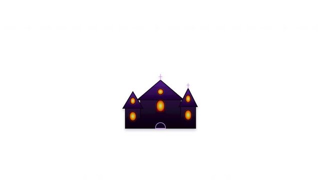 Clean white background 5-second single-scene motion graphics featuring an isolated gothic haunted mansion, sudden dramatic purple lightning flashes, high-impact camera shake, and explosive particle sp