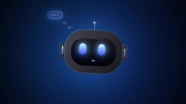 Blue friendly AI chatbot robot thinking on dark blue background