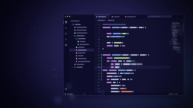 Code editor typing colorful code on dark blue background