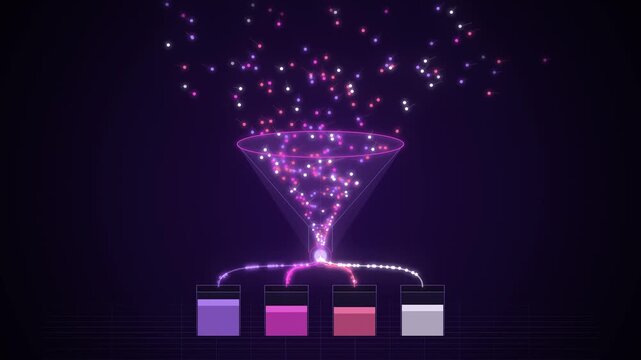 Purple big data funnel sorting data into streams in a data surge