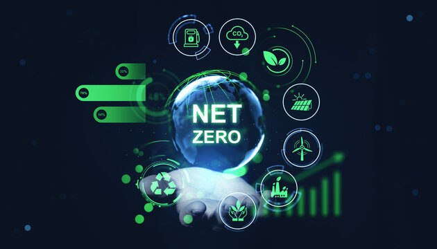 Net zero sustainability concept with glowing globe, renewable energy icons, carbon reduction metrics, recycling and clean technology symbols.