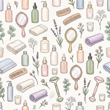 Beauty spa seamless pattern with hand drawn skincare bottles jade rollers and mirrors