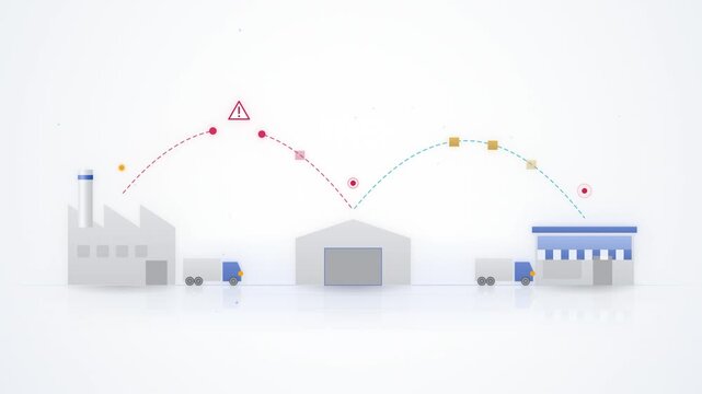 Supply chain disruption with broken link and stalled trucks animation