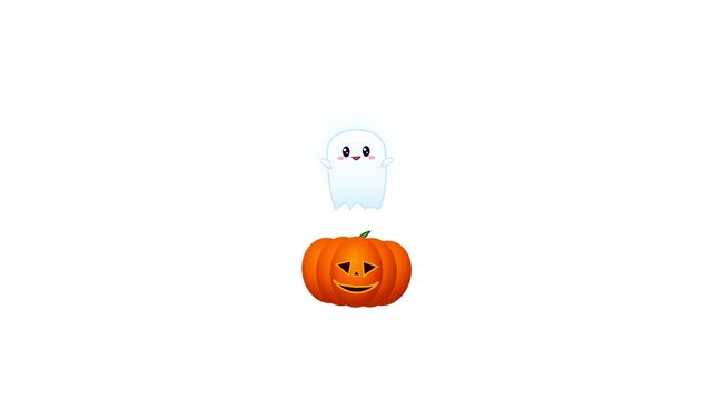 Clean white background 5-second 1-scene motion graphics video featuring a bouncy Jack-O-Lantern with a cute friendly ghost popping up, surrounded by candy corn, bats, and colorful sparkles.