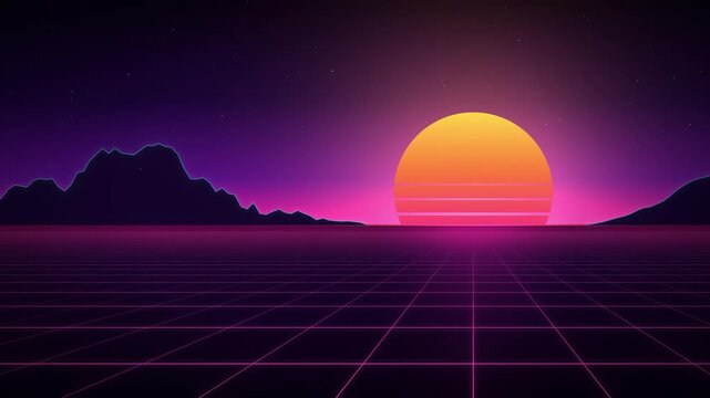 Pink and purple synthwave sun over neon grid background seamless loop