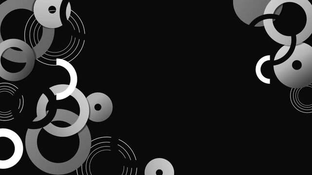Dark abstract background overlapping rings and circular accents arranged in corners animation