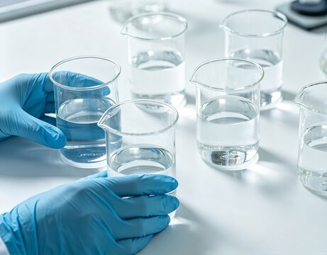 Multiple water samples are tested for pH using a digital meter in a clean laboratory setting.