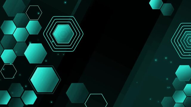 Dark abstract background with glowing hexagons and geometric lines animation