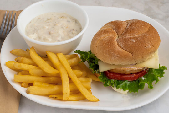  salmon burger  with clam chowder