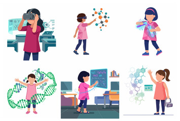 Fototapeta premium Little girls exploring science and STEM education using virtual reality headsets and digital technology, vector illustration set
