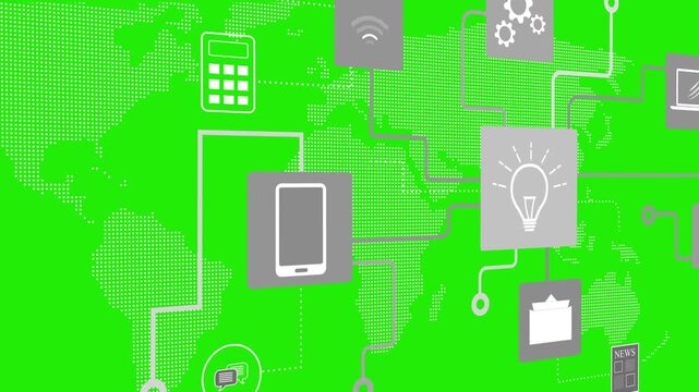 Abstract digital network animation with app icons connected by lines over a dotted world map animation