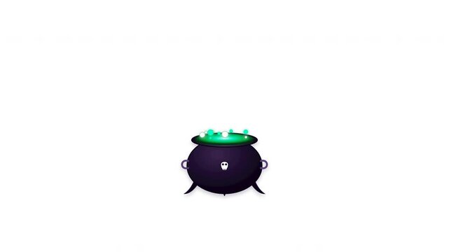 Clean white background 5-second single-scene motion graphics featuring an isolated magical witch cauldron slamming down with high-impact camera shake, brewing glowing neon potion, and triggering an ex