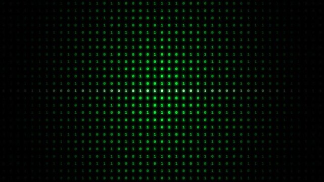 Digital binary code background with glowing white numbers in the center