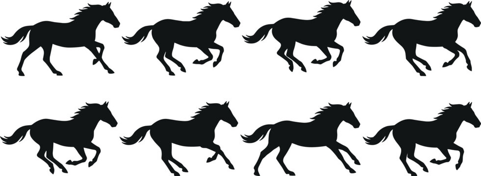  Running Horse Sprite Sheet Silhouette Vector Set Showing Galloping Motion Sequence Frames for Animation Game Design and Wild Mustang Graphics