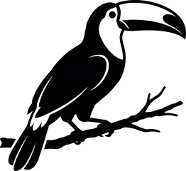 Obraz premium Toucan Silhouette Vector Icon Featuring Exotic Tropical Bird Perched on Tree Branch for Jungle Wildlife Nature Reserve and Summer Travel Designs