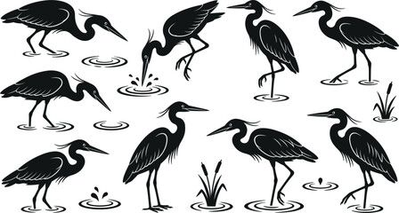 Fototapeta premium Heron Silhouette Vector Icon Set Featuring Wading Birds Hunting Fish in Water with Reeds and Ripples for Wetland Nature Conservation Designs