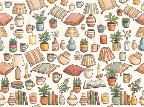 Cozy home decor seamless pattern with hand drawn lamps pillows books and coffee mugs
