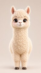 Fototapeta premium Cute 3D Alpacamascot Character Design with Big Brown Eyes, Fluffy Fleece, Standing Pose, and Soft Beige Background Ideal for Children Stories, Toys, and Digital Illustration Branding Projects