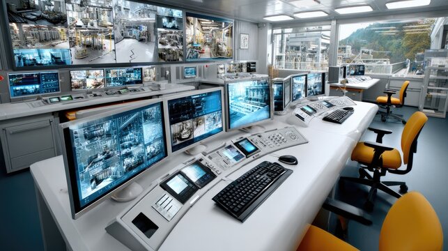Control Room Panorama: A high-tech control room features an array of monitors displaying live feeds and data, a spacious console with keyboards and screens, and a modern, organized workspace.