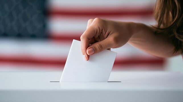 A close-up of a young Latina woman's hand casting a ballot into a white box, with the American flag softly blurred in the background. Bright morning light and modern election concept.