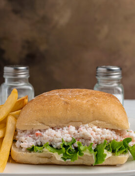 crab salad  sandwich seved with french fries