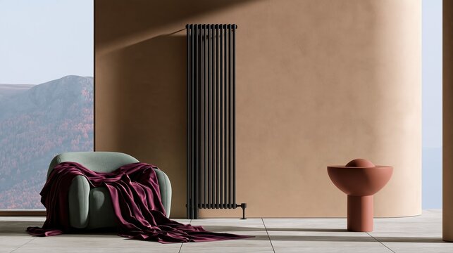A modern anthracite radiator stands out against a beige wall in a stylish living room interior. Cozy details like a sage armchair and plum blanket evoke warmth and comfort.
