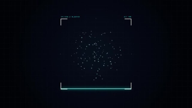 Digital interface screen displaying a cluster of glowing data points in a dark grid environment