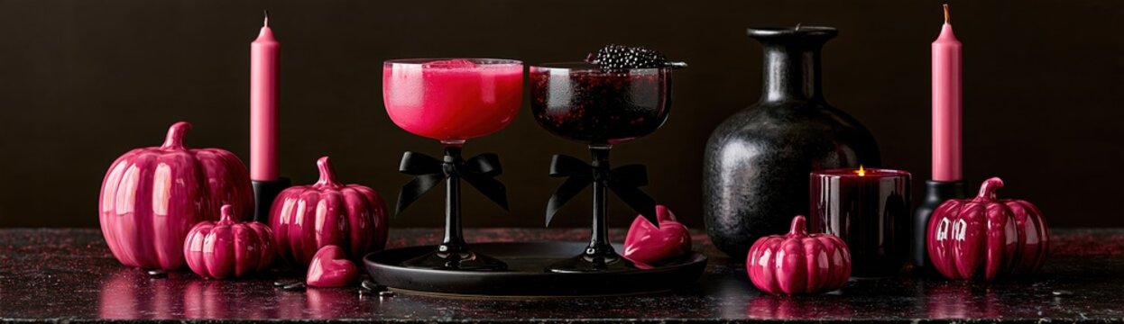  vivid pink mocktail and blackberry cocktail with black ribbon bows sit on a glossy bar with pink pumpkins and candles. This luxury Halloween drink setup features dramatic, fashionable nightlife flair