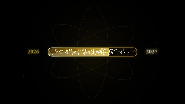 Abstract futuristic loading bar with golden particles and atom orbit rings between 2026 and 2027 years