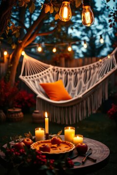 Cozy Autumn Garden with Hammock Apple Pie and Glowing String Lights at Twilight