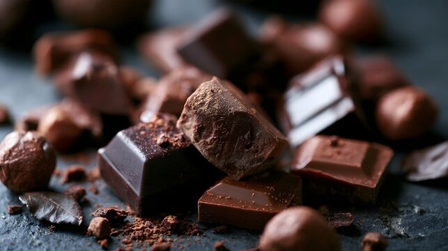 Rich dark chocolate pieces with cocoa powder and whole hazelnuts scattered on a dark textured surface