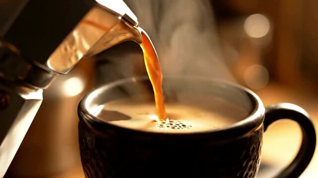 Close-up slow-motion shot of hot espresso pouring from a classic Italian moka pot into a ceramic mug, with visible steam rising in warm morning sunlight.