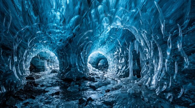 Wide interior of blue ice cave with two tunnel openings and textured frozen walls, mysterious glacial cavern
