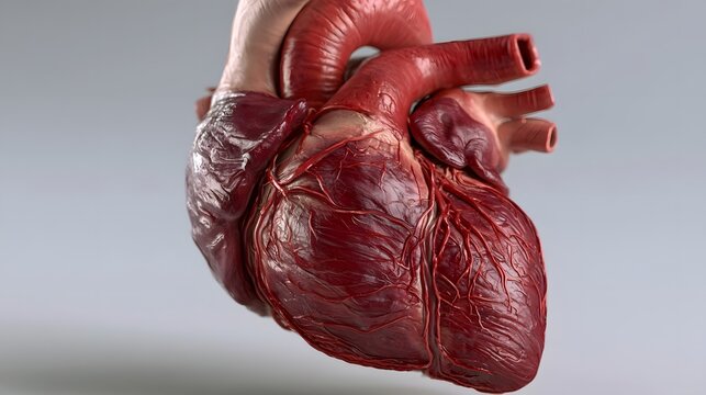 A detailed anatomical view of a human heart with visible chambers  valves  and blood vessels against a neutral background