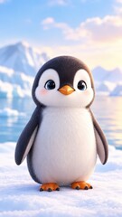 Fototapeta premium Cute 3D Rendered Baby Penguin Standing On Snowy Arctic Ice With Blue Eyes And Orange Beak In A Sunny Winter Landscape With Icebergs And Mountains In The Background