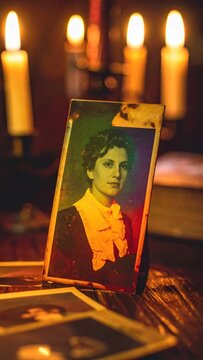 Vintage woman portrait on wood with burning candles.